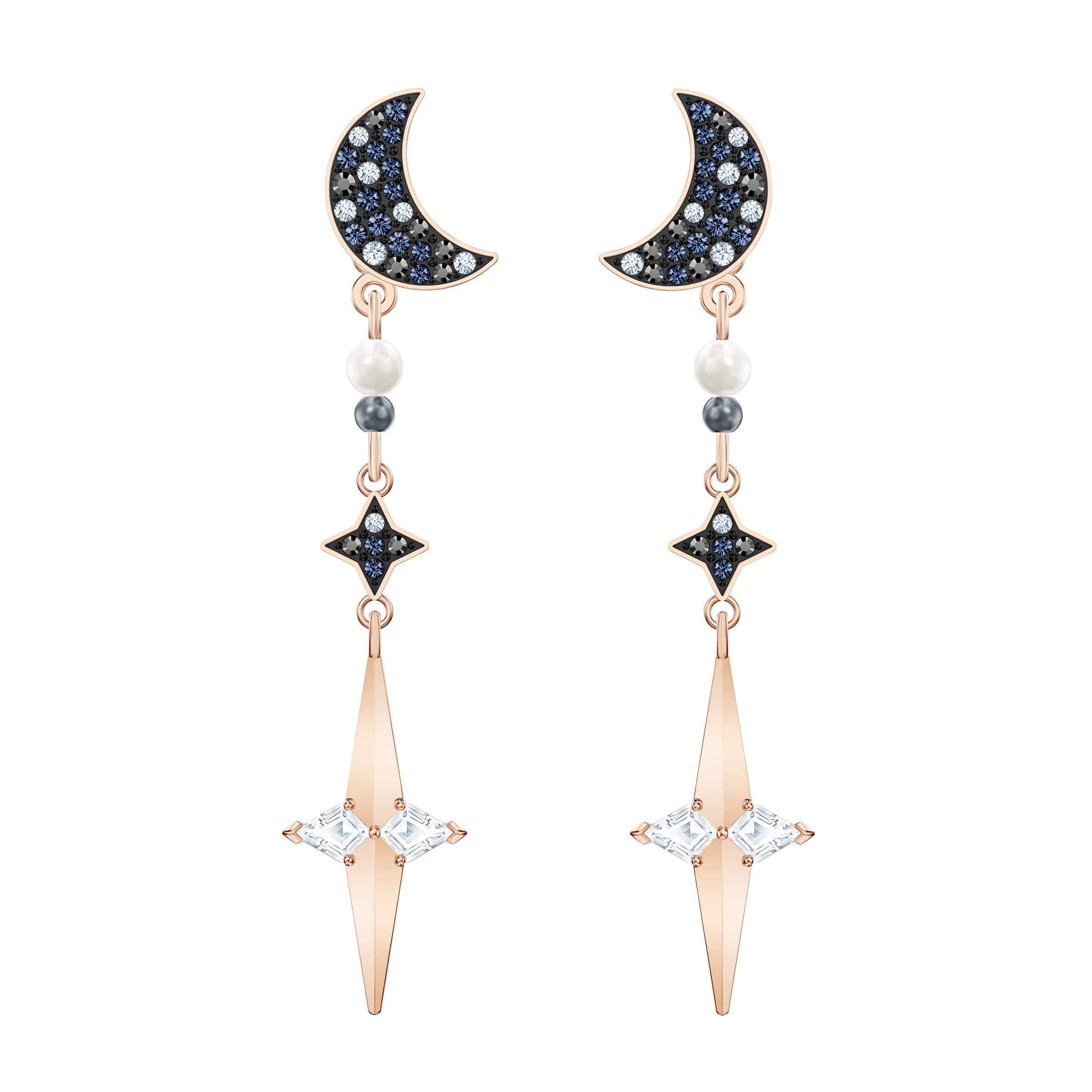 Swarovski Symbolic Collection Women's Moon Earring Jackets, with Blue Crystal Pavé Moon Studs and Dangling Crystal Stars, on a Mixed Metal Setting - JOY2ESpree