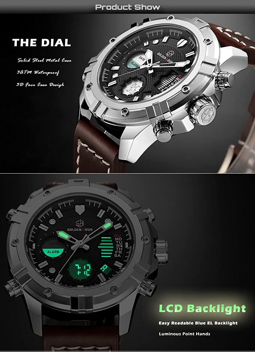 Mens Sport Watch Digital Analog Quartz Waterproof Multifunctional Military Leather Wrist Watches