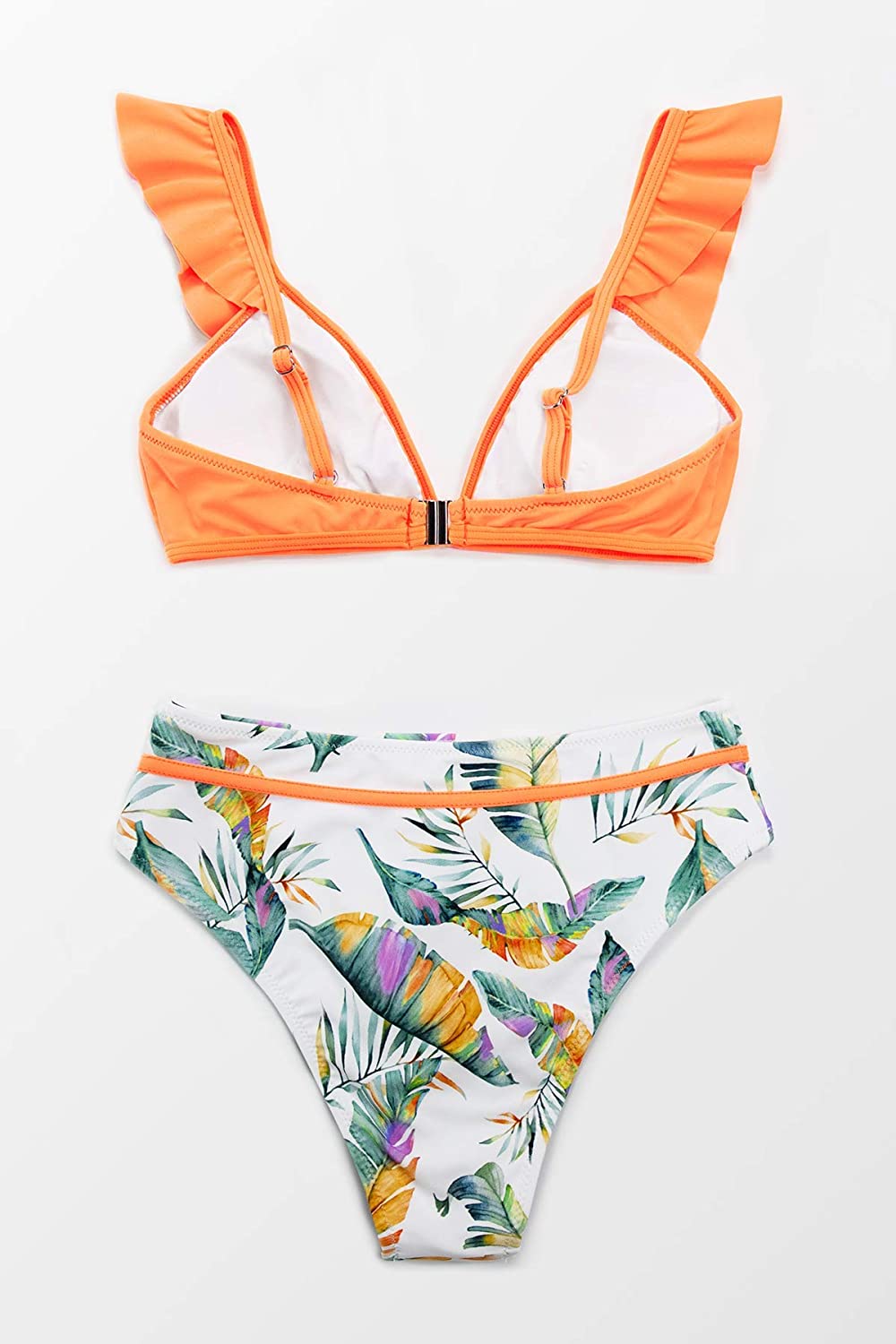 CUPSHE Women's Orange Floral Bottom Ruffle Hook Closure Bikini Set