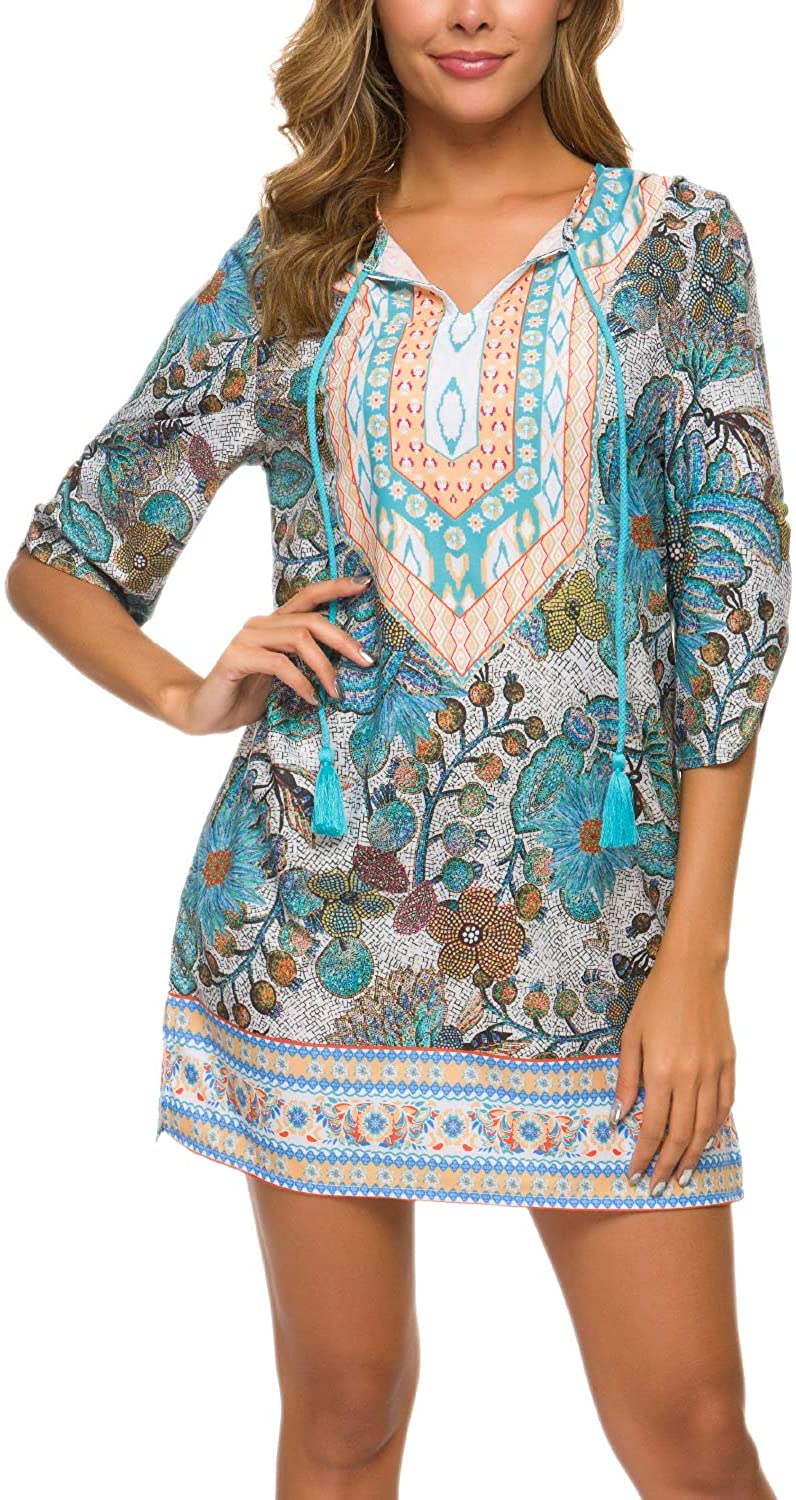 Women Bohemian Neck Tie Vintage Printed Ethnic Style Summer Shift Dress