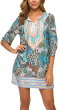 
                        
                          Load image into Gallery viewer, Women Bohemian Neck Tie Vintage Printed Ethnic Style Summer Shift Dress
                        
                      