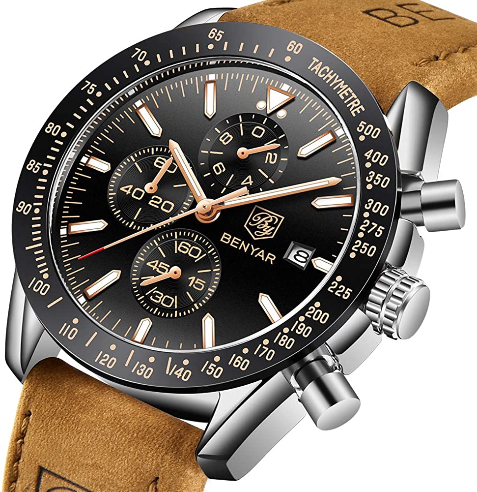BENYAR Chronograph Mens Watch Quartz Movement 30M Waterproof | Leather Watch Strap