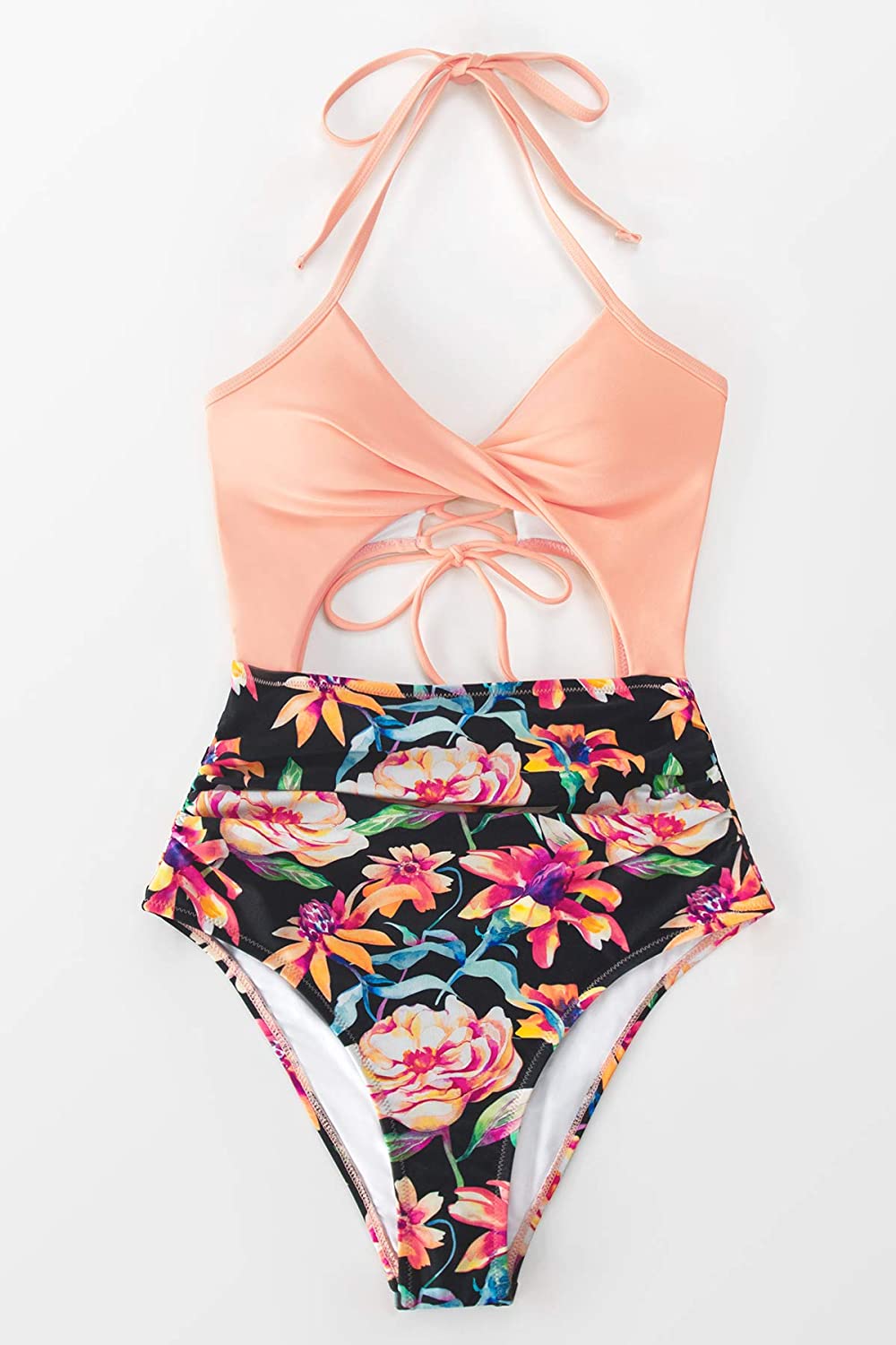 CUPSHE Women's Black Floral Print Halter Cutout High Waist One Piece Swimsuit