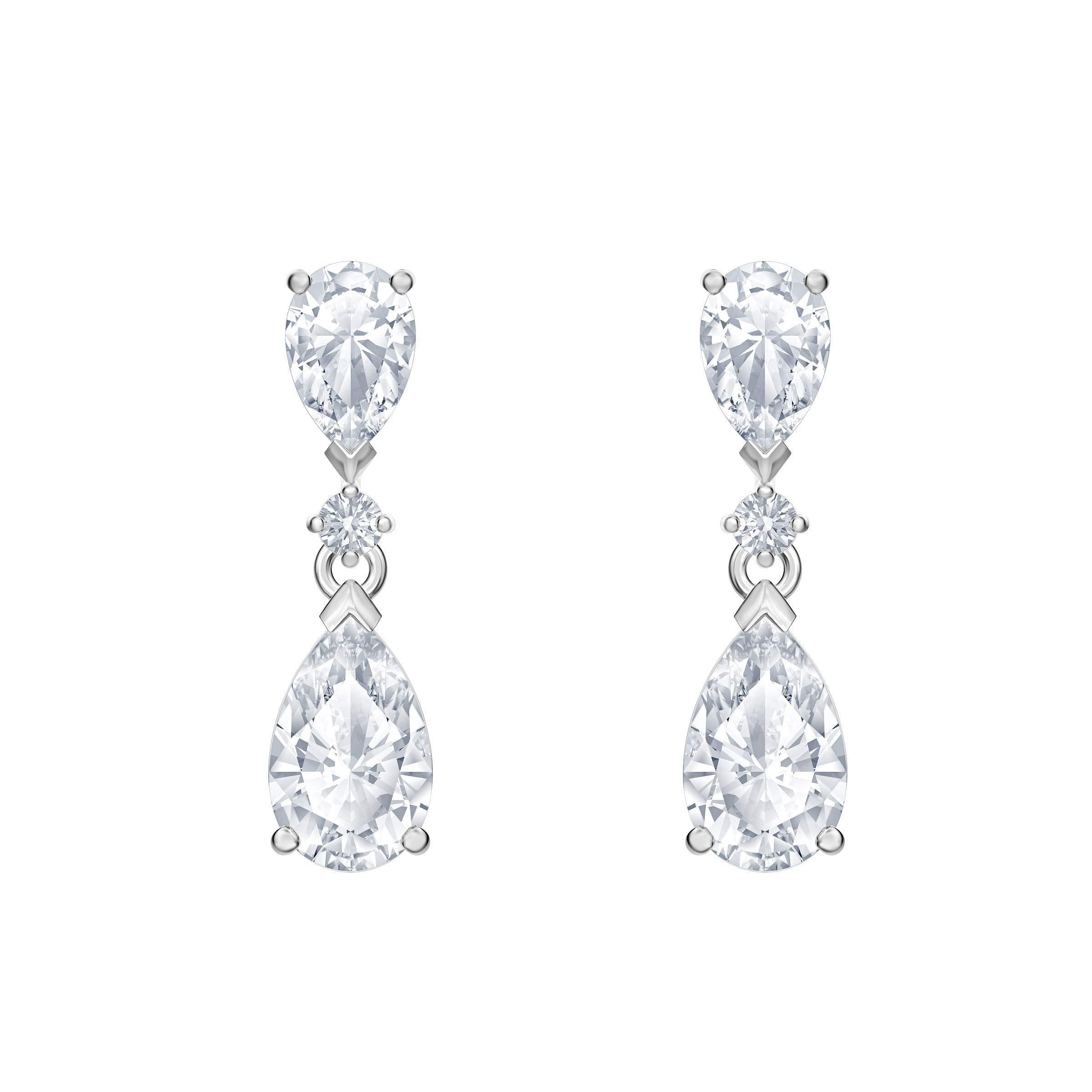 Swarovski Attract Drop Pierced Earrings with Pear and Circle Cut Clear Crystals on a Rhodium Plated Post with Butterfly Back Closure - JOY2ESpree