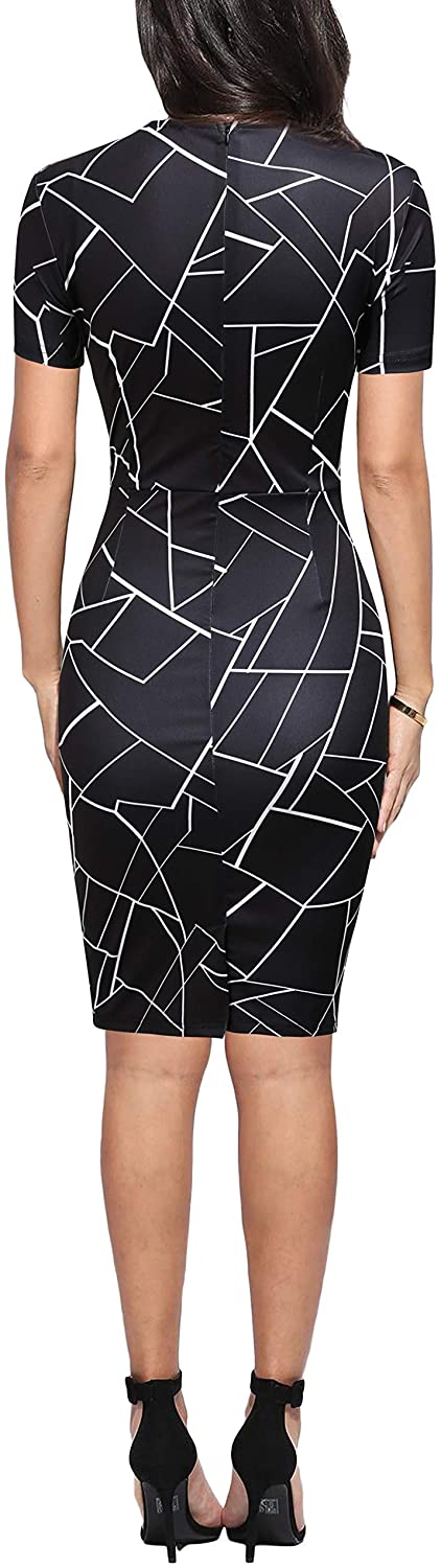 FORTRIC Women Printing Church Business Office Work Elegant Bodycon Pencil Dress