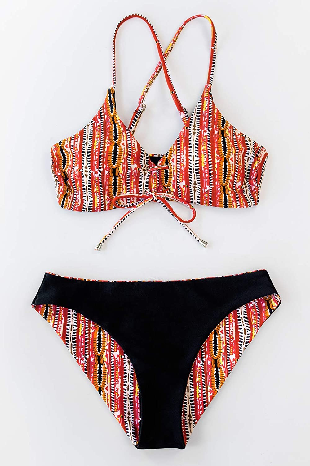 CUPSHE Women's Reversible Lace Up Bikini Sets Floral and Striped