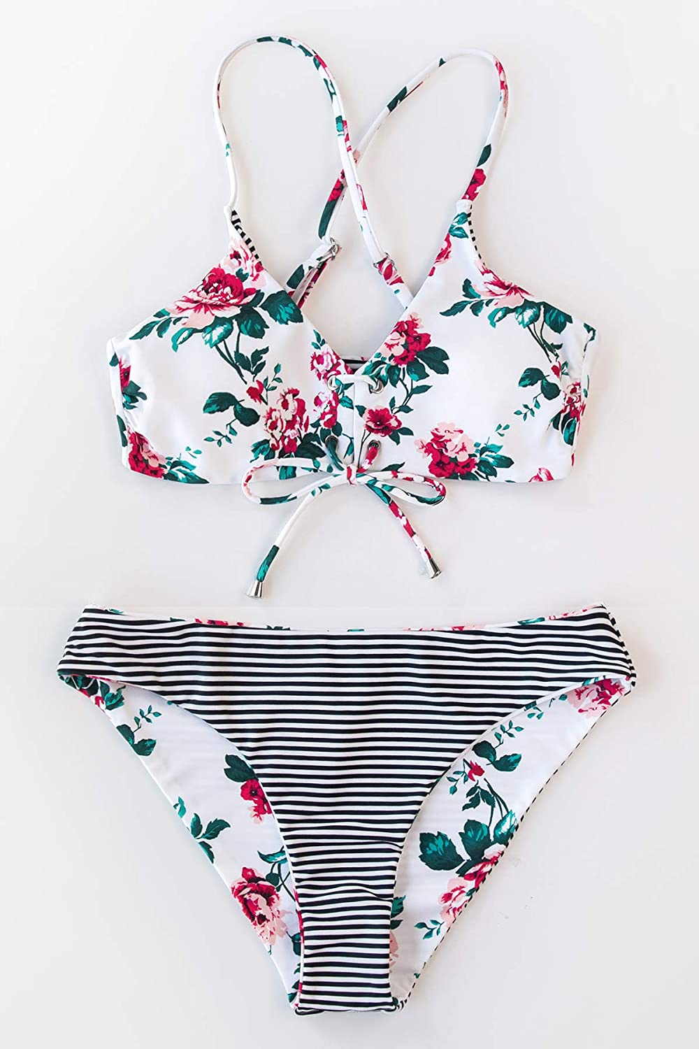 CUPSHE Women's Reversible Lace Up Bikini Sets Floral and Striped