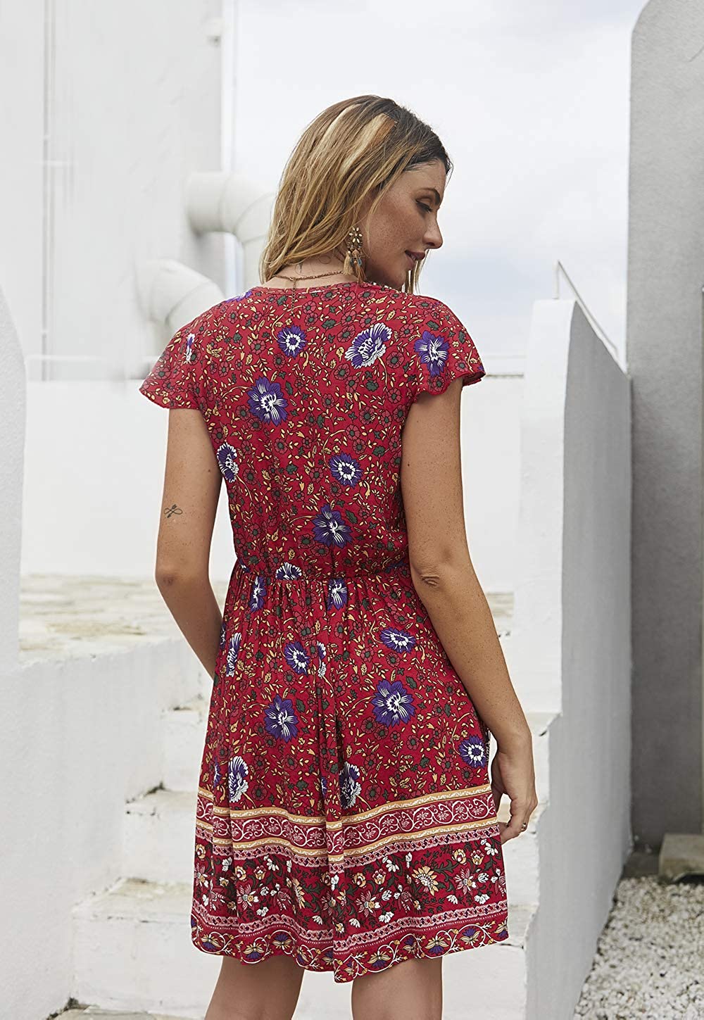 KIRUNDO Women’s  Summer Hot Short Sleeve V-Neck High Waist Floral Print Mini Sun Dress