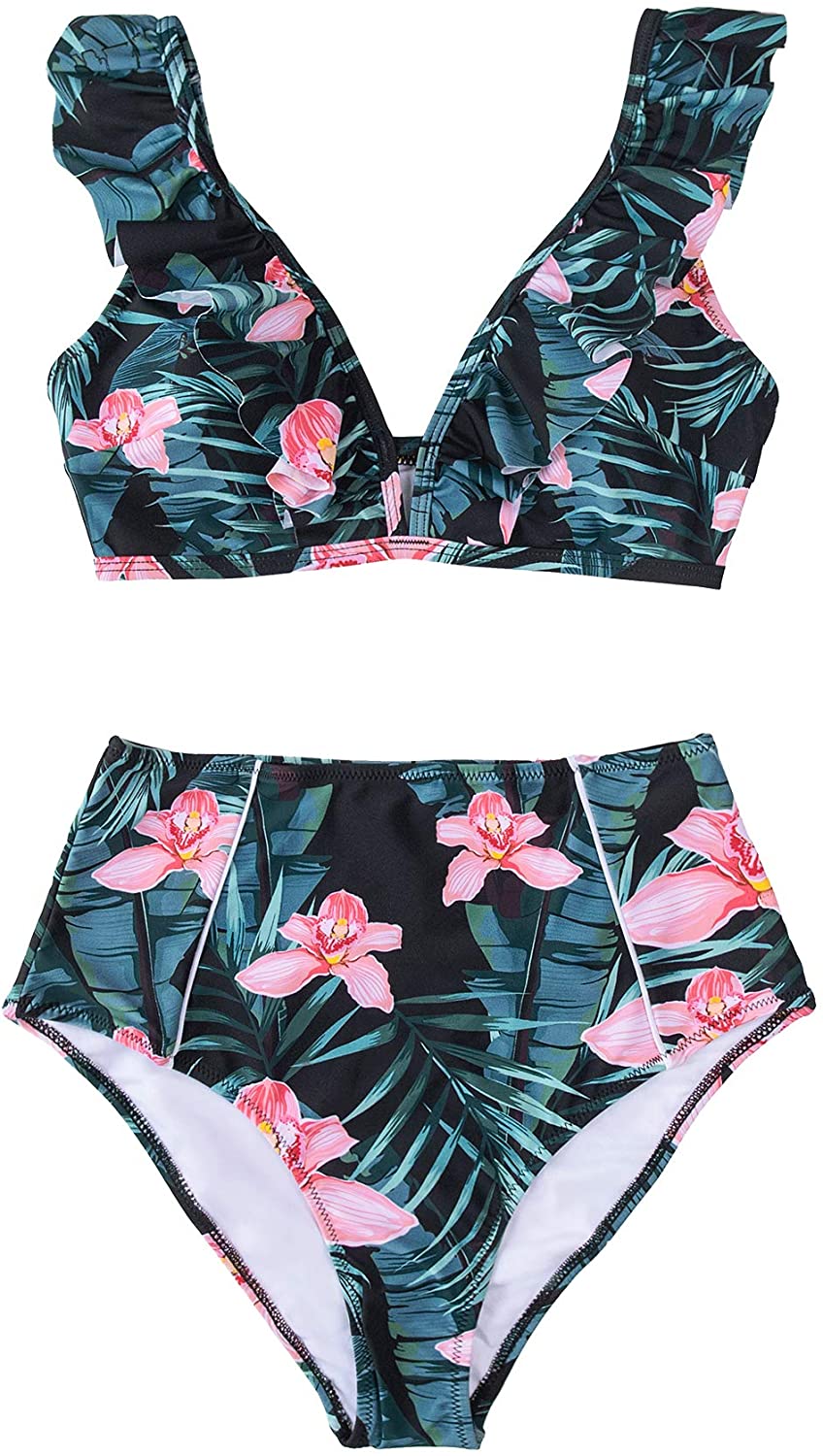 CUPSHE Women's High Waist Bikini Swimsuit Ruffle Floral Print Two Piece Bathing Suit