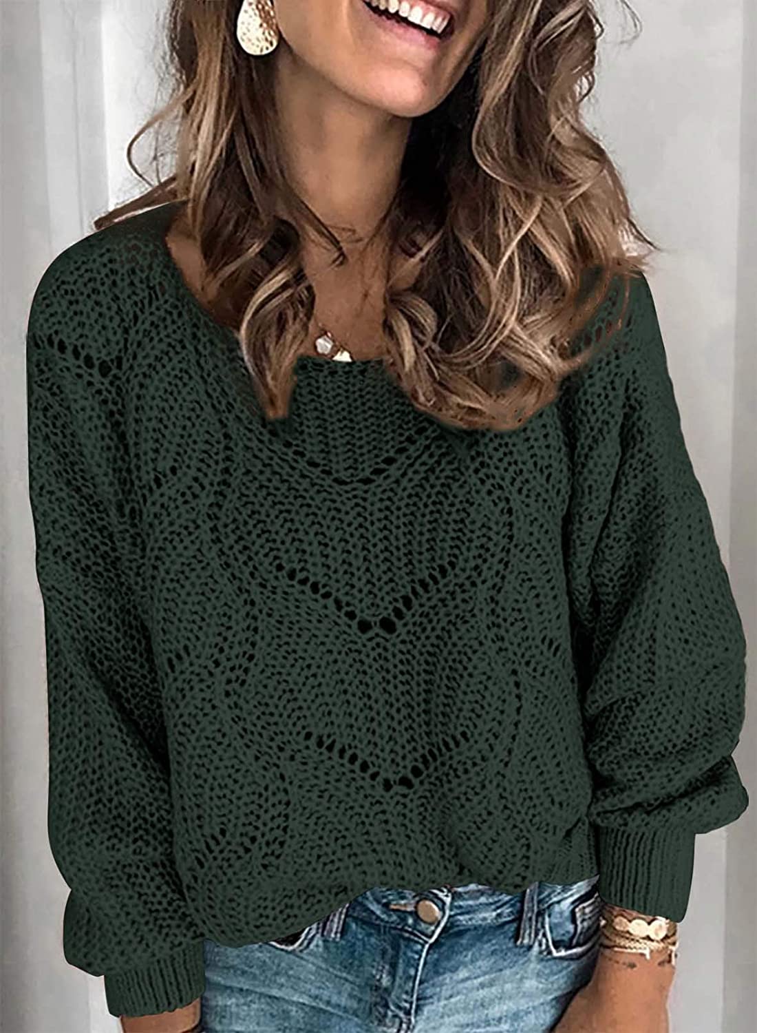 Dokotoo Womens Cute Soft Crewneck Long Sleeve Hollow Cable Knit Pullover Sweaters