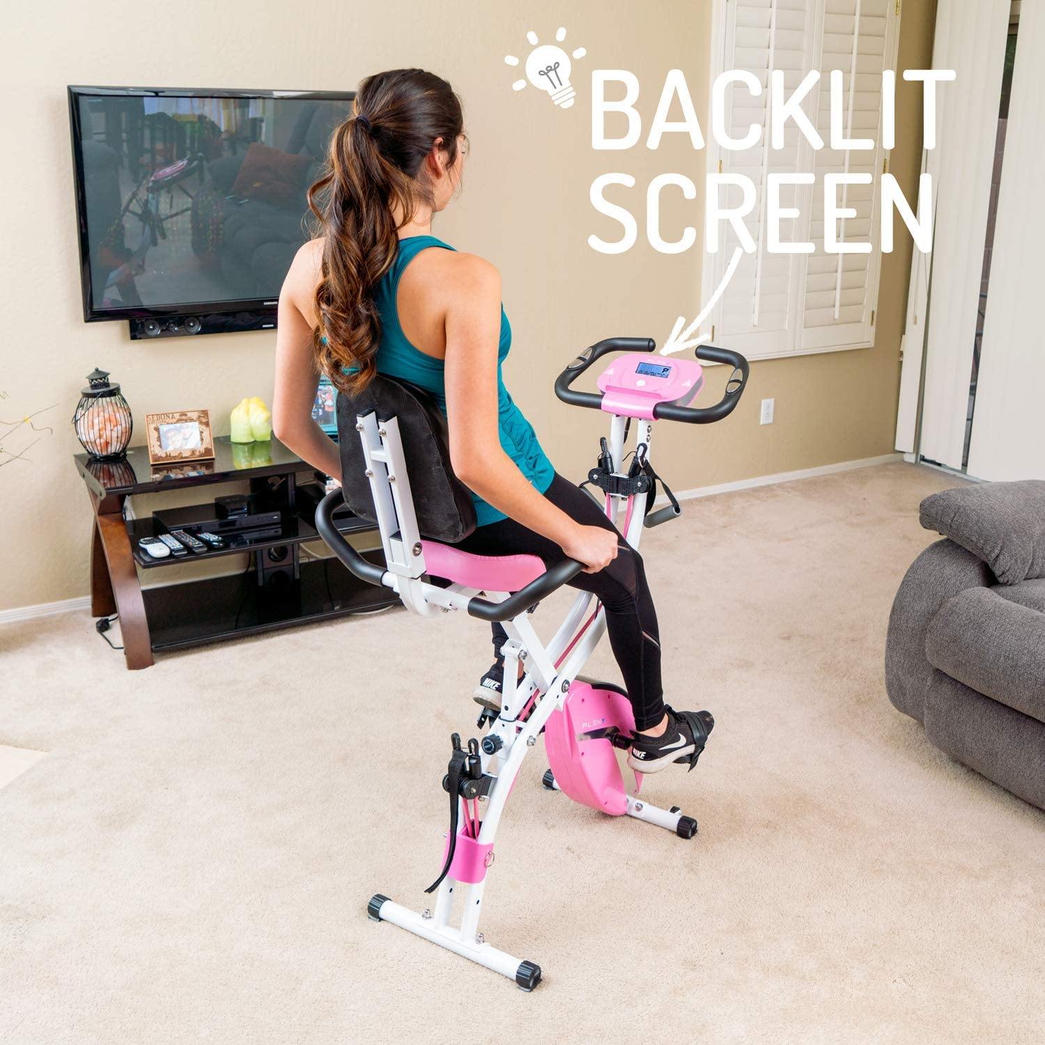 PLENY 3-in-1 Total Body Workout Exercise Bike w/Backlit Screen, High Backrest, Adjustable Resistance Bands for Arm & Leg, and 300 lbs Weight Support - JOY2ESpree