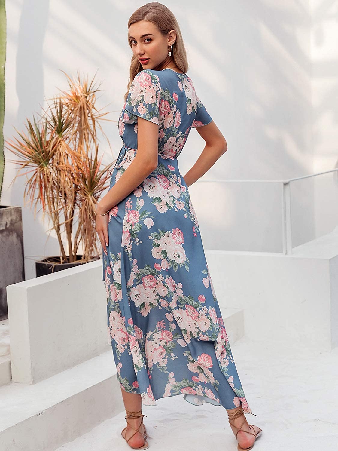 Miessial Women's Summer Chiffon V Neck Ruffle Maxi Dress Polka Dot Long Beach Wrap Dress