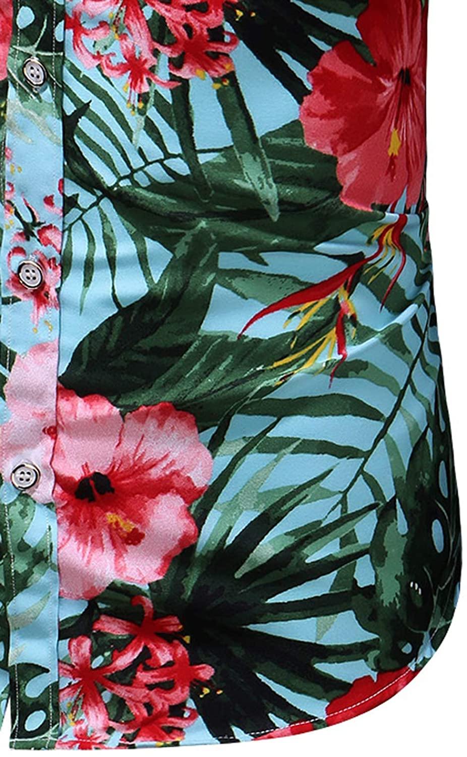 LEFTGU Men's Slim fit Floral Printed Beach Hawaiian Button-Down Dress Shirt