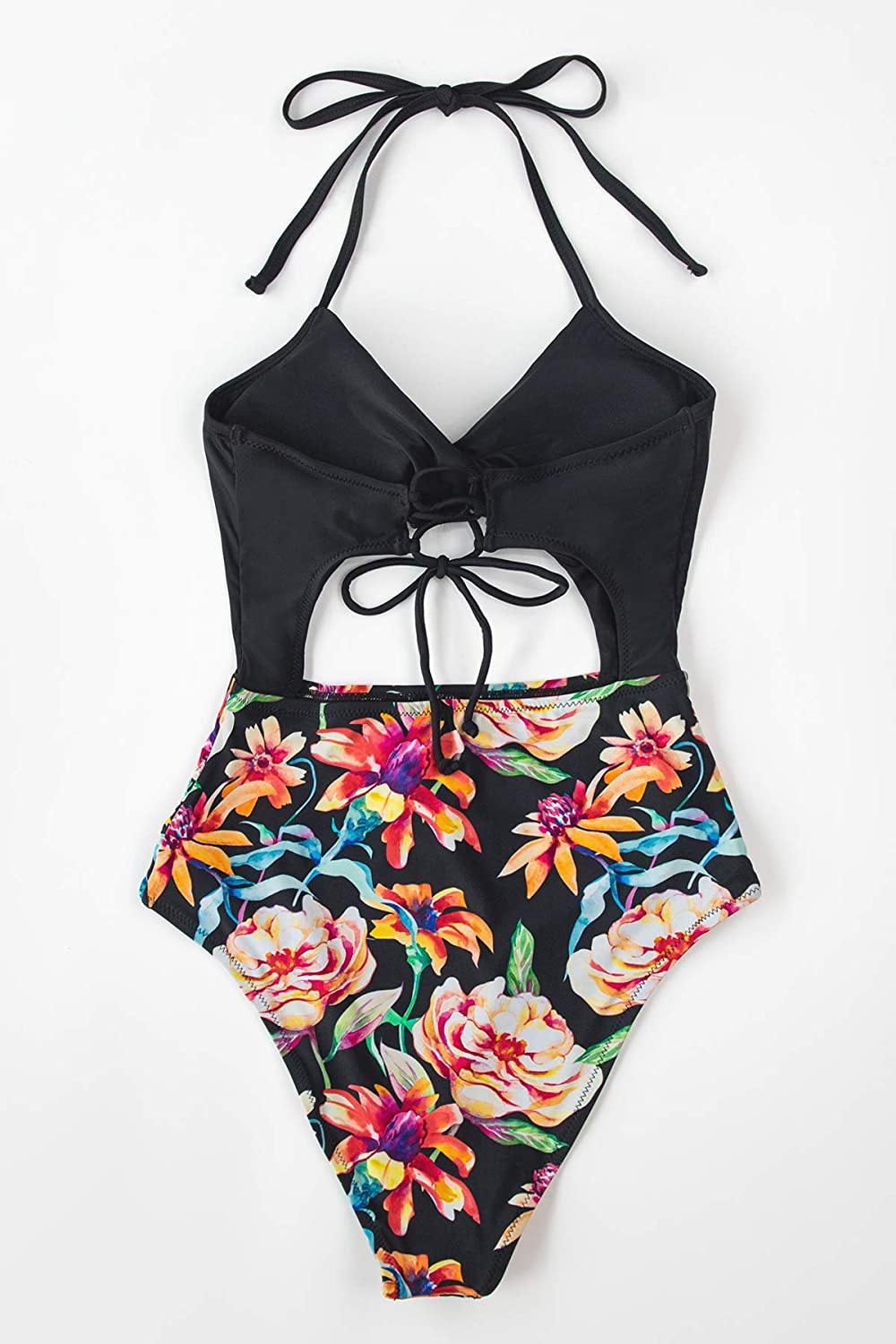 CUPSHE Women's Black Floral Print Halter Cutout High Waist One Piece Swimsuit