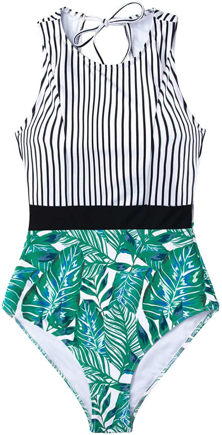 CUPSHE Women's Striped Leafy One Piece Swimsuit