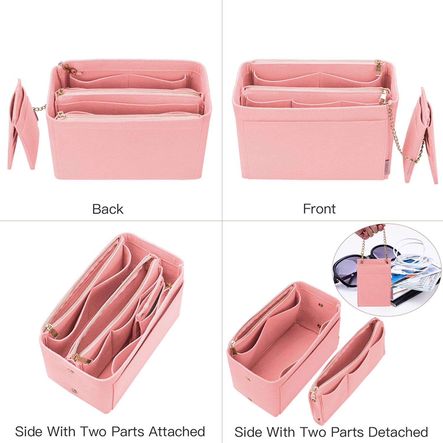Purse Organizer, Purse Organizer Insert With 2 Metal Zipper, Bag Organizer With RFID Blocking Pocket Purse Organizer insert