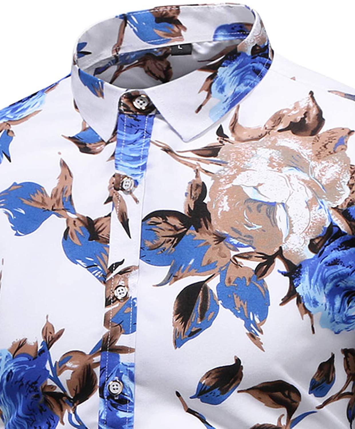 LEFTGU Men's Slim fit Floral Printed Beach Hawaiian Button-Down Dress Shirt