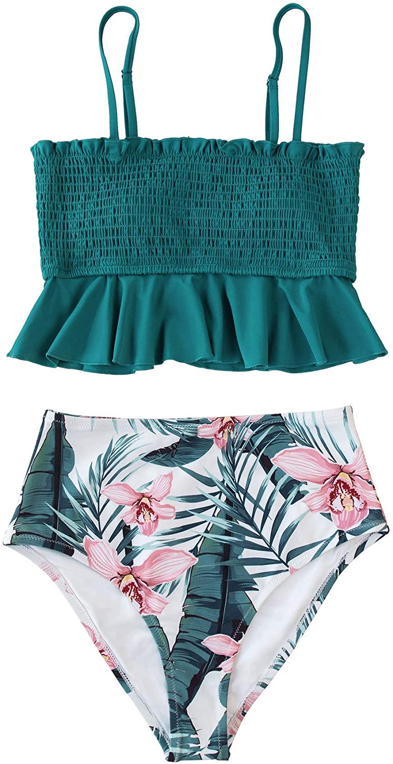 CUPSHE Women's High Waist Bikini Swimsuit Ruffle Smock Floral Print Two Piece Bathing Suit
