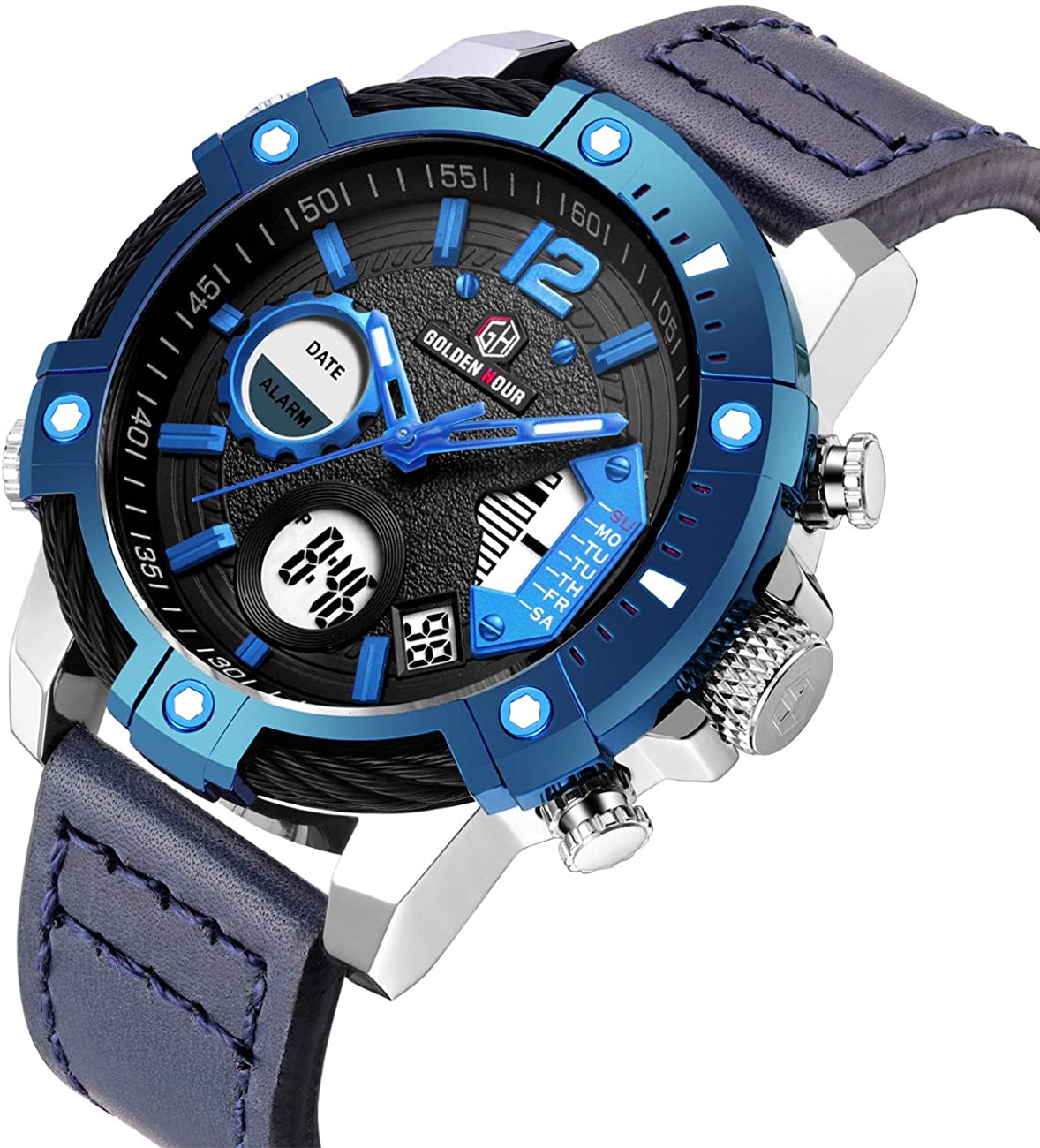 Mens Sport Watch Digital Analog Quartz Waterproof Multifunctional Military Leather Wrist Watches