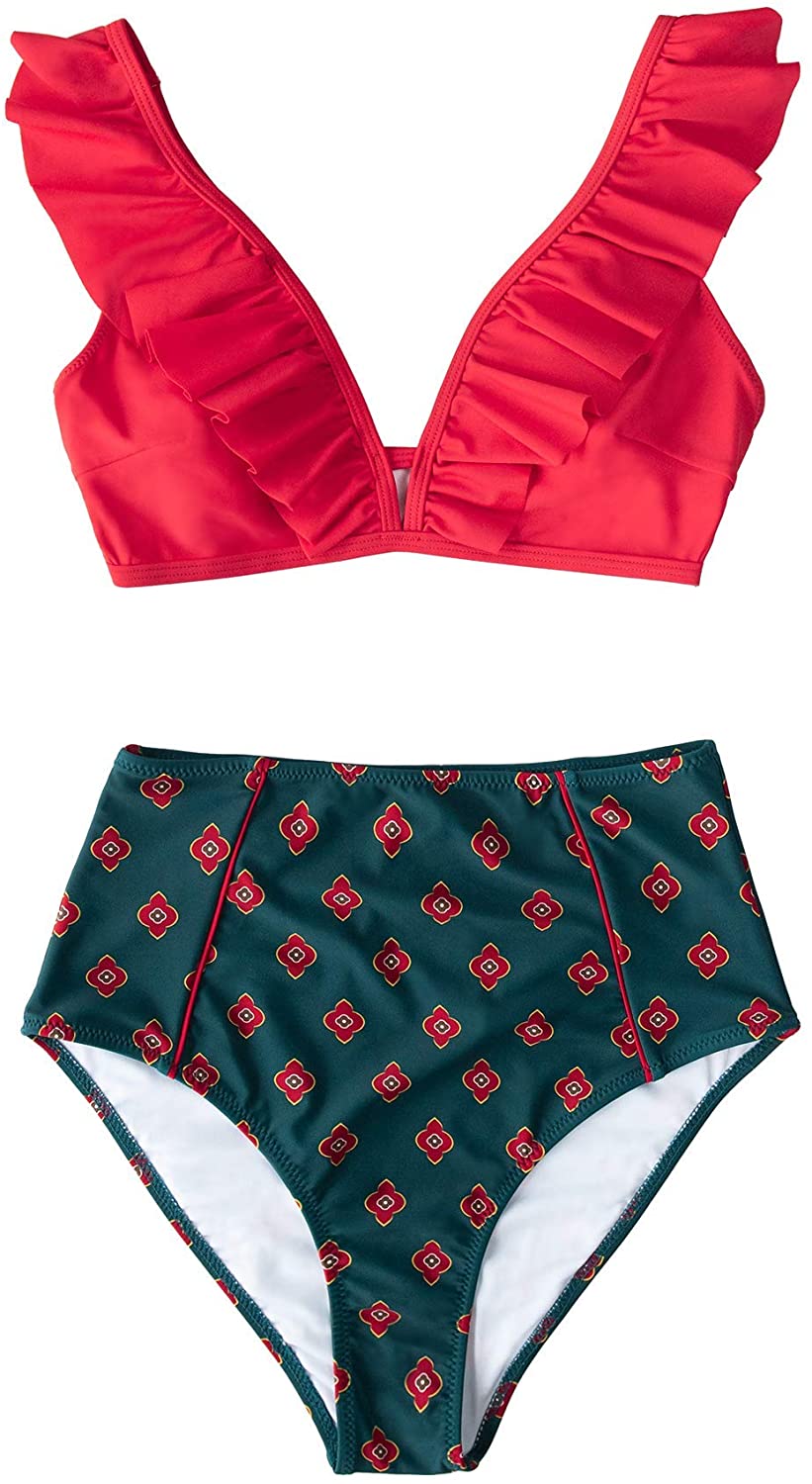 CUPSHE Women's High Waist Bikini Swimsuit Ruffle Floral Print Two Piece Bathing Suit
