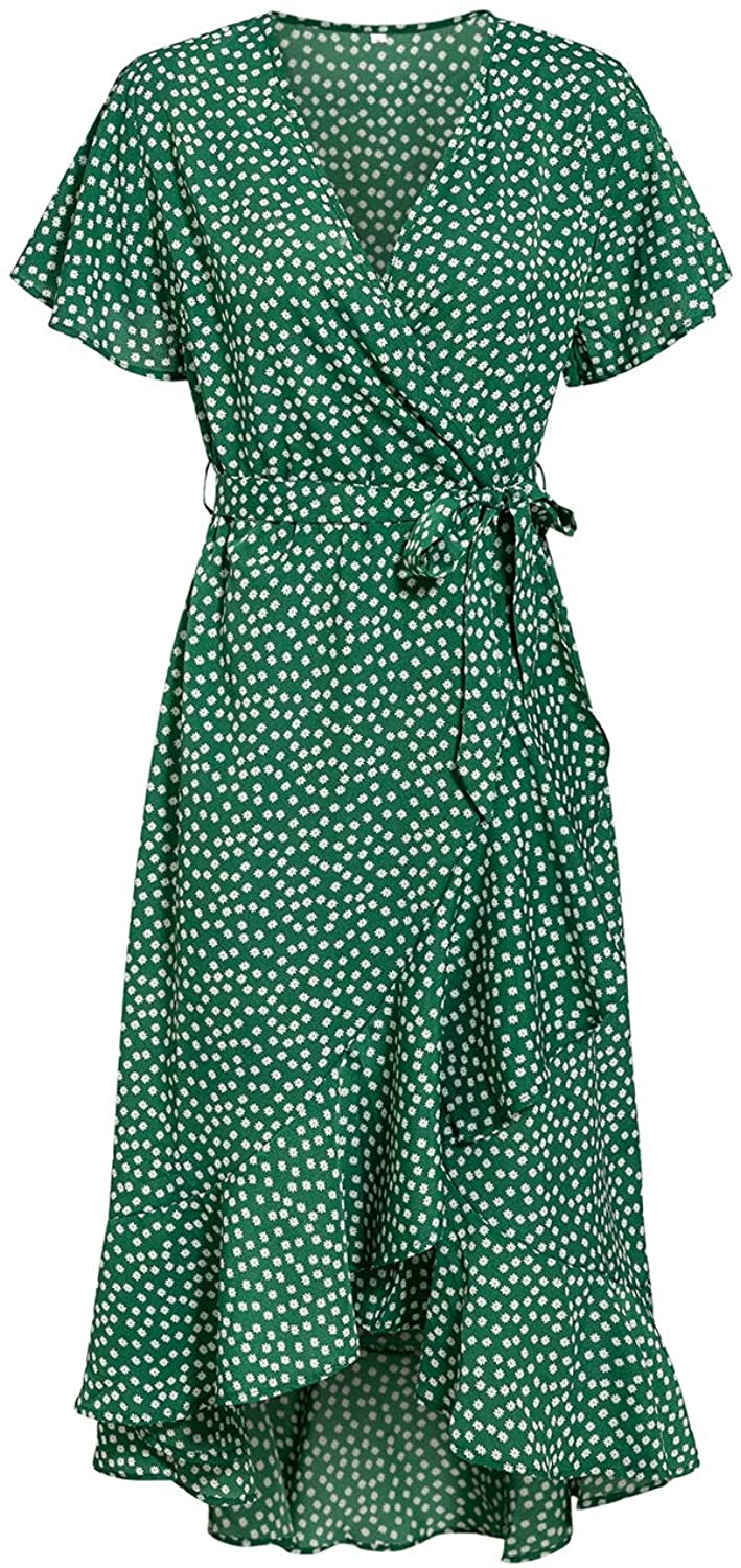 Miessial Women's Summer Chiffon V Neck Ruffle Maxi Dress Polka Dot Long Beach Wrap Dress