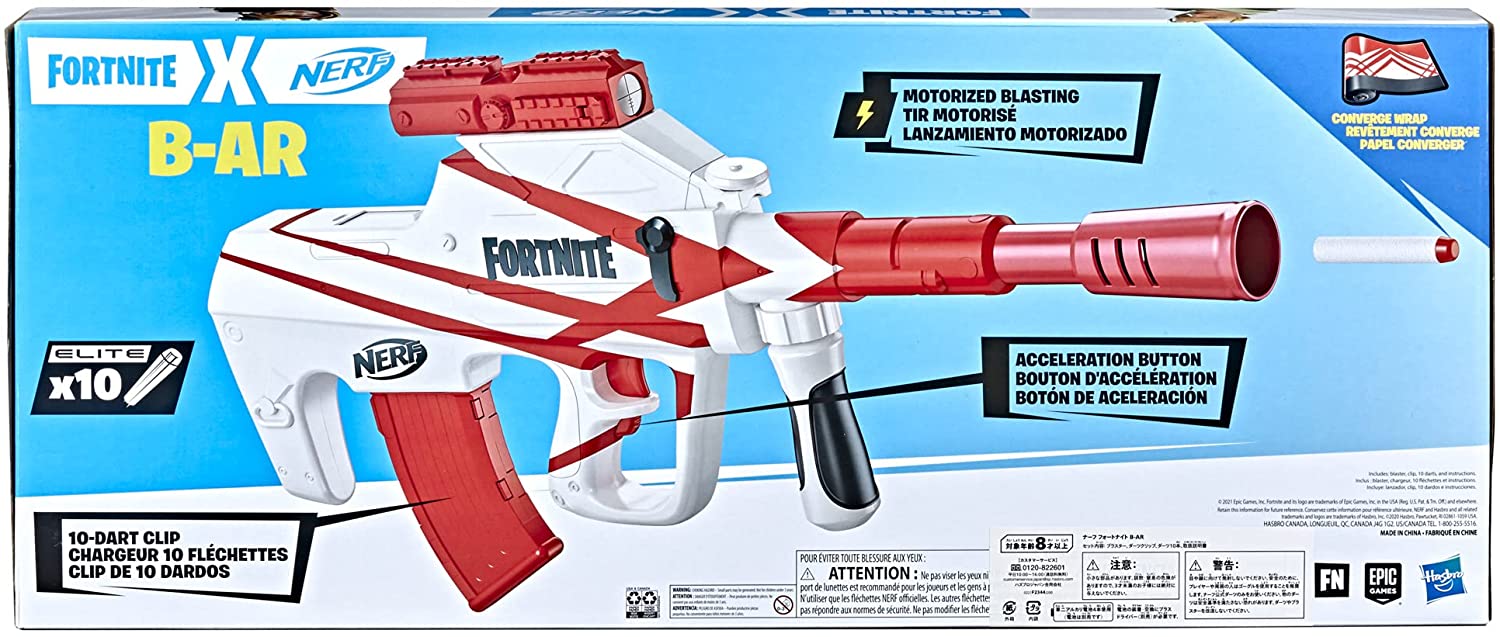 NERF Fortnite B-AR Motorized Dart Blaster -- Fortnite Converge Wrap, Motorized 10-Dart Blasting, 10-Dart Clip, 10 Official Elite Darts
