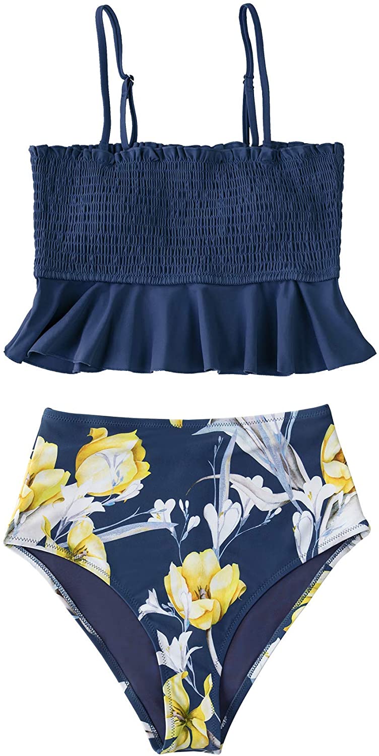 CUPSHE Women's High Waist Bikini Swimsuit Ruffle Smock Floral Print Two Piece Bathing Suit