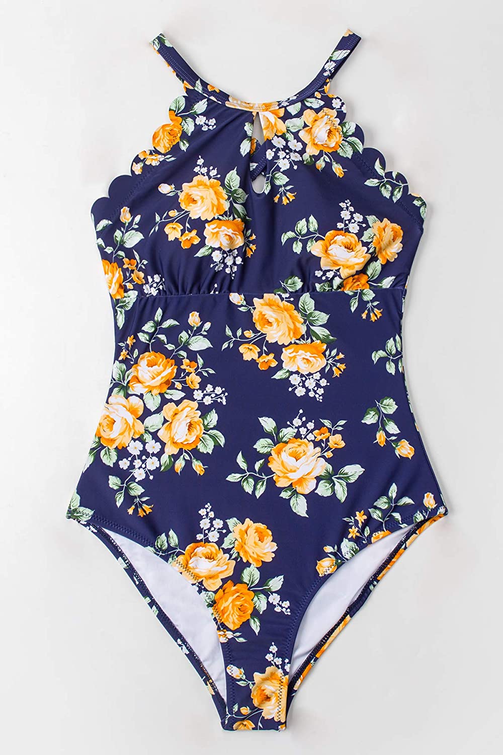CUPSHE Women's One Piece Swimsuit Floral Print High Neck Scallop Bathing Suit