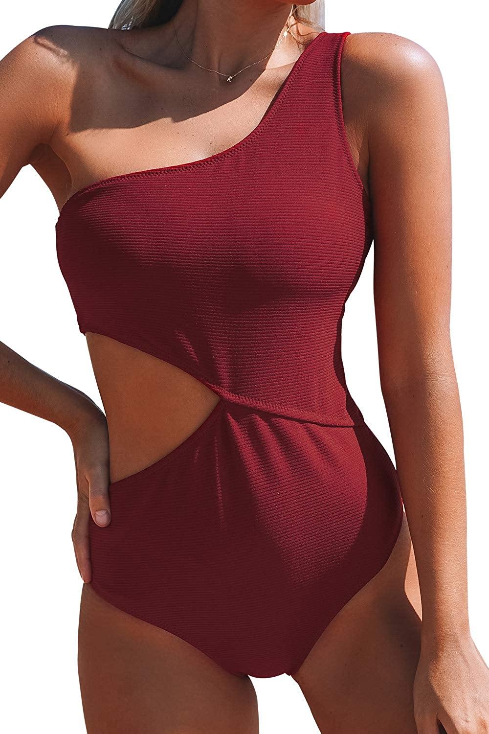 CUPSHE Women's One Piece Swimsuit One Shoulder Cut Out Ribbed Swimwear Bathing Suits - JOY2ESpree