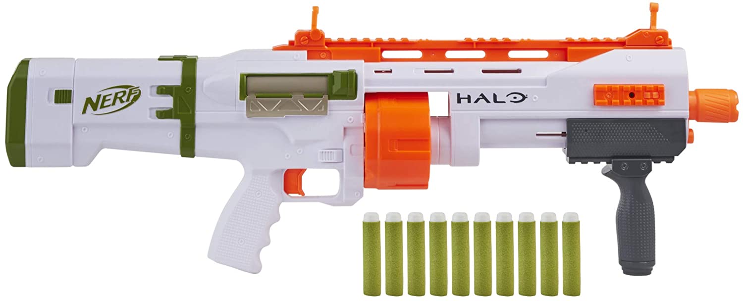 NERF Halo Bulldog SG Dart Blaster -- Pump-Action, Rotating 10-Dart Drum, Tactical Rails, 10 Official Elite Darts, Skin Unlock Code