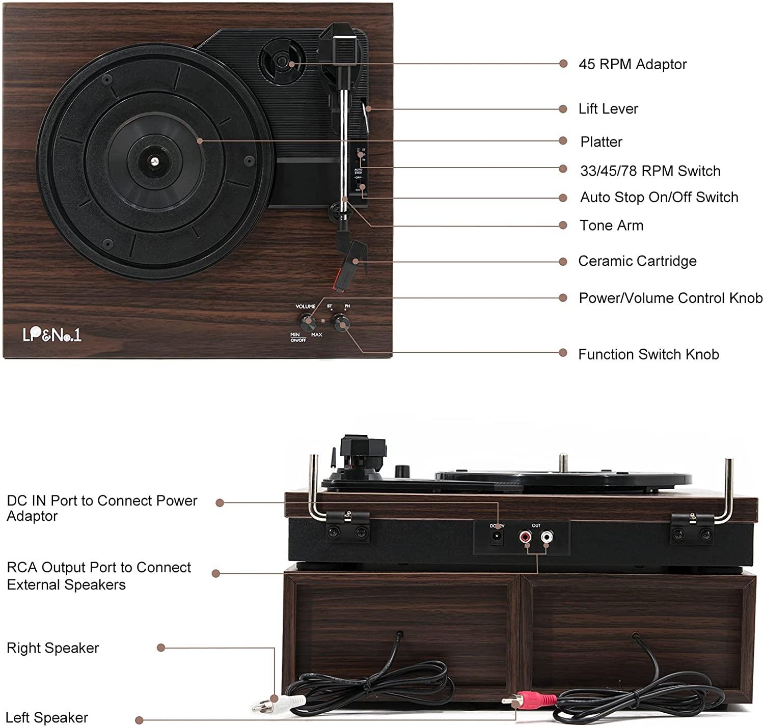 LP&No.1 Retro Bluetooth Record Player with Stereo External Speakers - JOY2ESpree