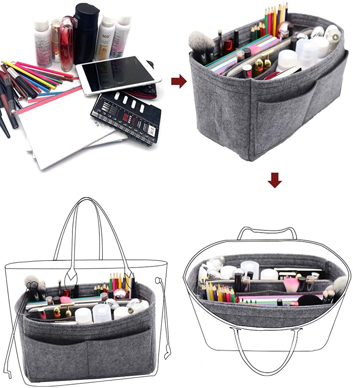 Felt Purse Bag Organizer Insert with zipper Bag Tote Shaper Fit Speedy Neverfull MM GM
