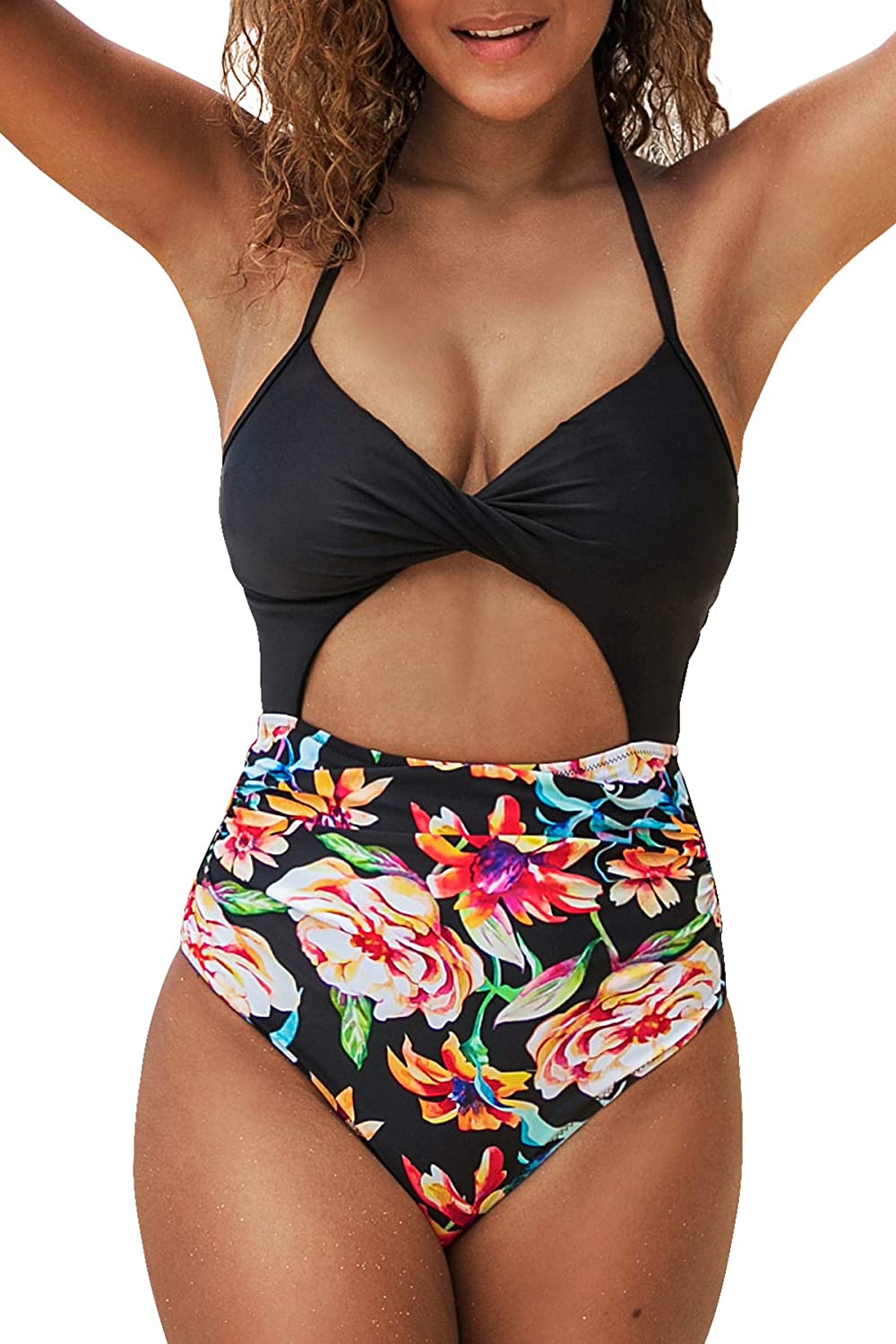 CUPSHE Women's Black Floral Print Halter Cutout High Waist One Piece Swimsuit