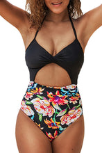 
                        
                          Load image into Gallery viewer, CUPSHE Women's Black Floral Print Halter Cutout High Waist One Piece Swimsuit
                        
                      