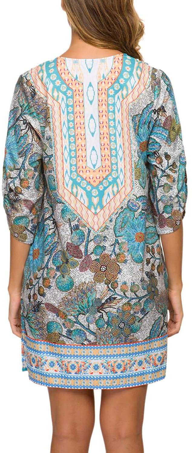 Women Bohemian Neck Tie Vintage Printed Ethnic Style Summer Shift Dress