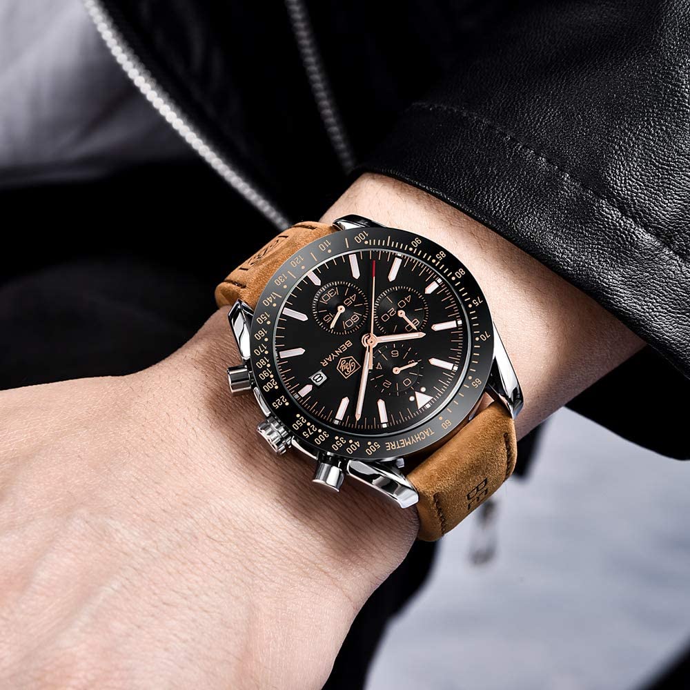 BENYAR Chronograph Mens Watch Quartz Movement 30M Waterproof | Leather Watch Strap
