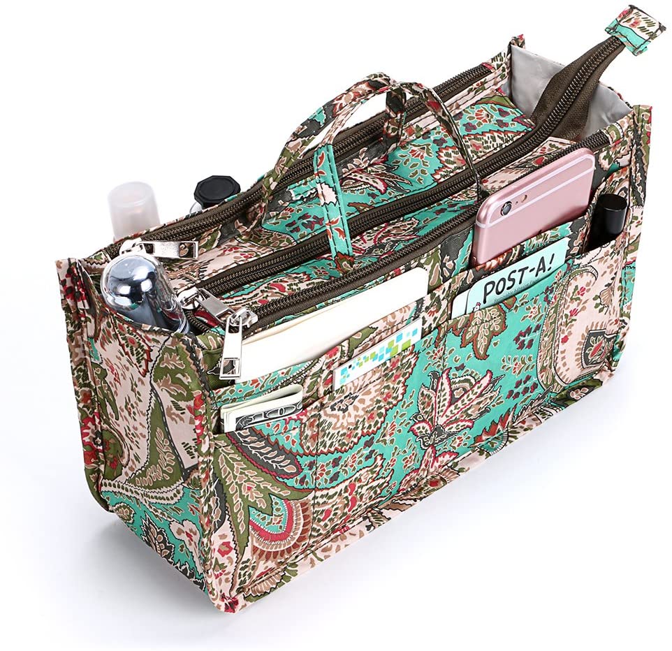 BTSKY New Printing Handbag Organizers Inside Purse Insert-High Capacity 13 Pockets Bag Tote Organizer with Handle Peacock Flower