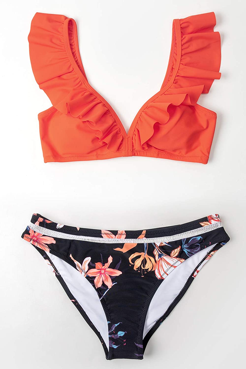 CUPSHE Women's Orange Floral Bottom Ruffle Hook Closure Bikini Set