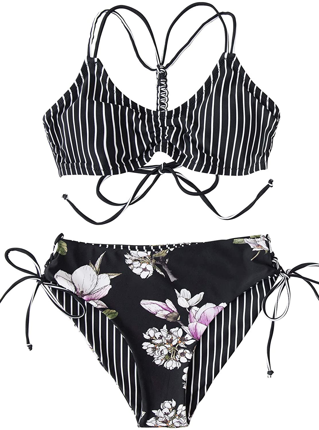 CUPSHE Women's Back Braided Straps Reversible Bottom Strappy Lace Up Bikini Sets