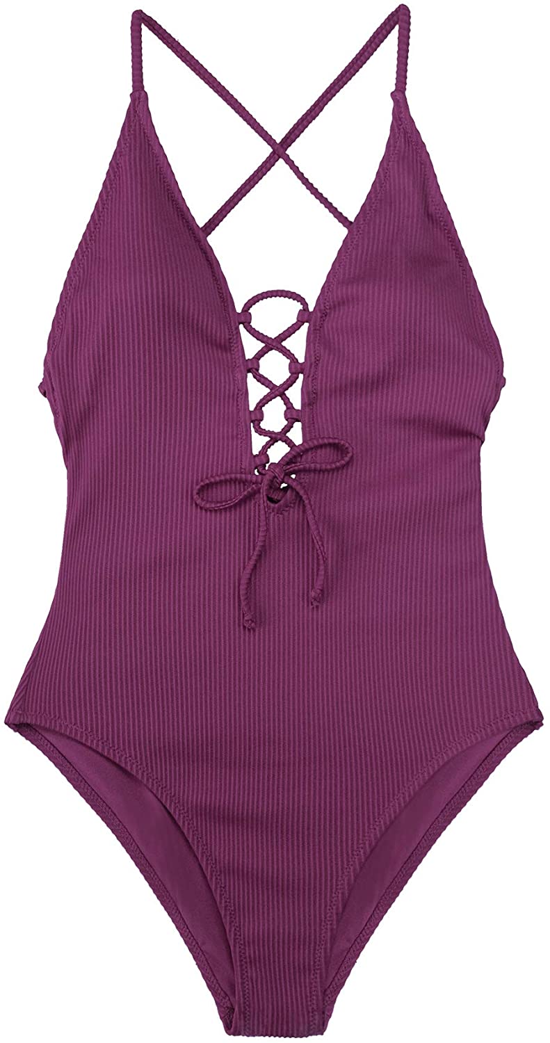 CUPSHE Women's Solid Color V Neck Lace Up One Piece Swimsuit