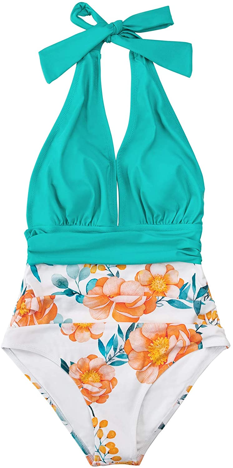 CUPSHE Women's One Piece Swimsuit Halter Plunge Neck Ruched Tummy Control Bathing Suits