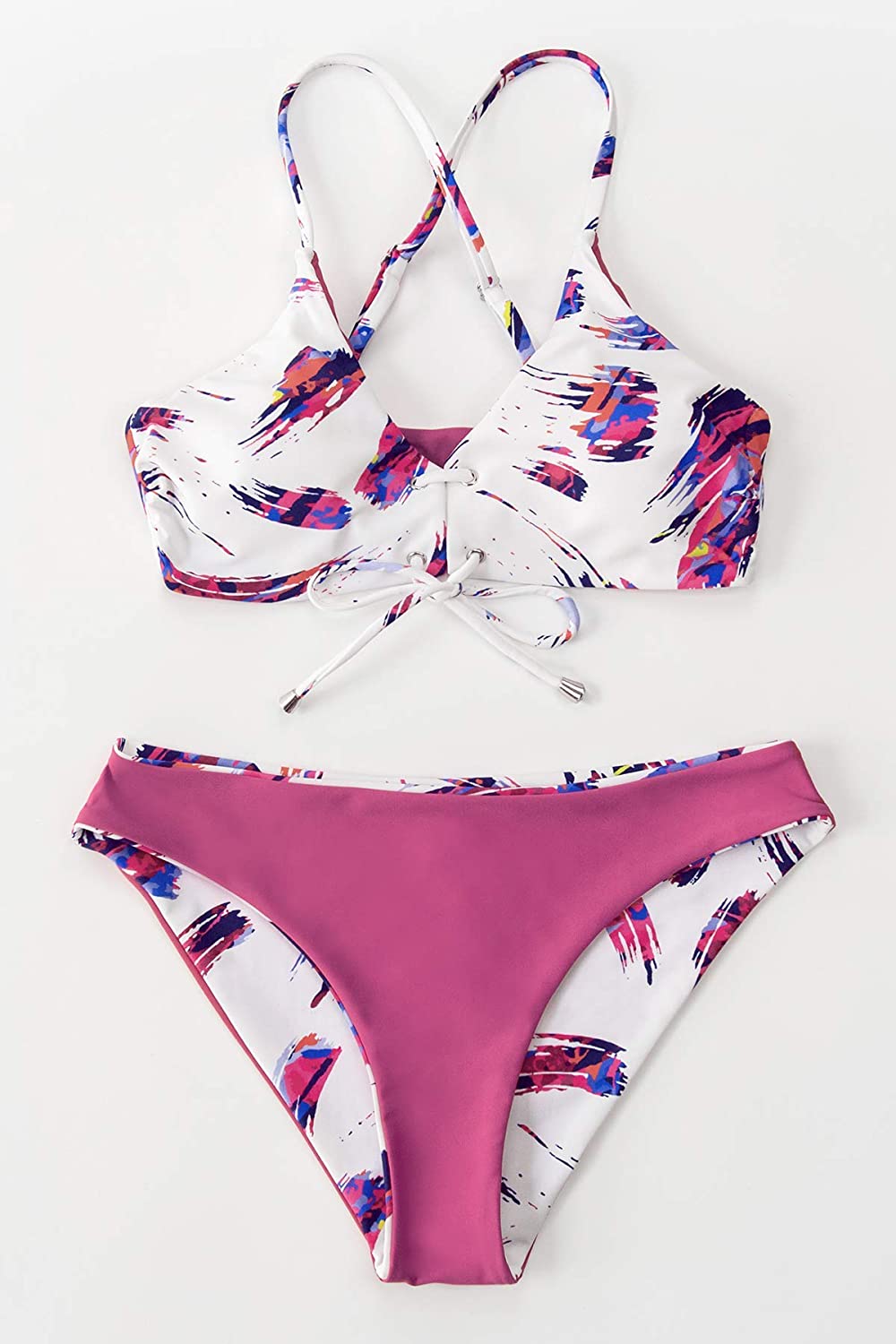 CUPSHE Women's Reversible Lace Up Bikini Sets Floral and Striped
