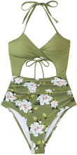 
                        
                          Load image into Gallery viewer, CUPSHE Women's Black Floral Print Halter Cutout High Waist One Piece Swimsuit
                        
                      