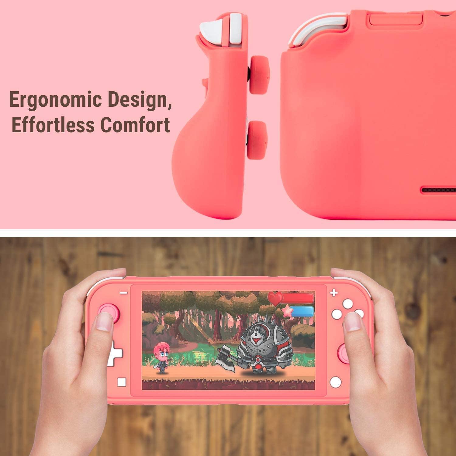 Orzly Grip Case for Nintendo Switch Lite – Case with Comfort Padded Hand Grips, Kickstand, Pack of Thumb Grips - Turquoise Blue - JOY2ESpree
