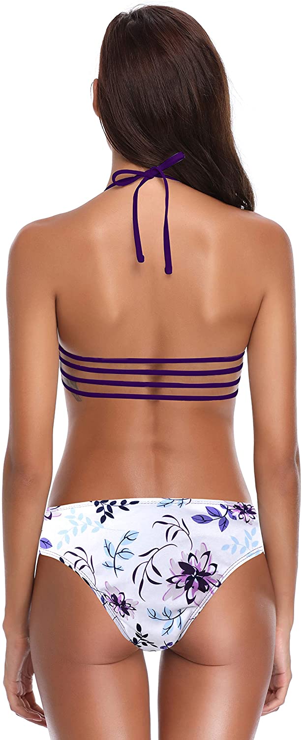 SHEKINI Women's Floral Printing Cutout Strappy Halter Swimsuits Bikini Suits