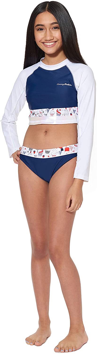 Tommy Bahama Girls' Long Sleeve 2-Piece Rashguard Swimsuit Bathing Suit