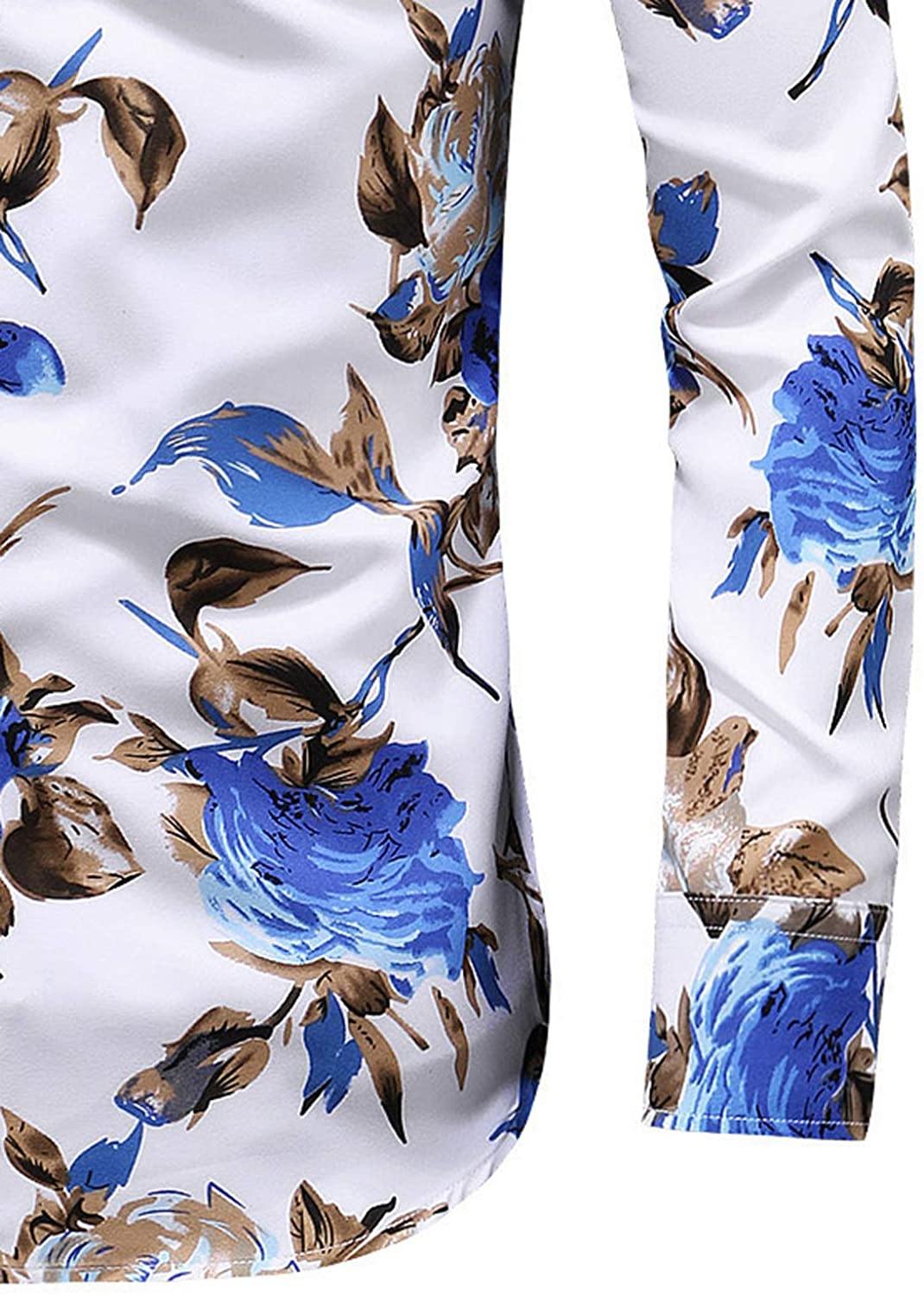 LEFTGU Men's Slim fit Floral Printed Beach Hawaiian Button-Down Dress Shirt