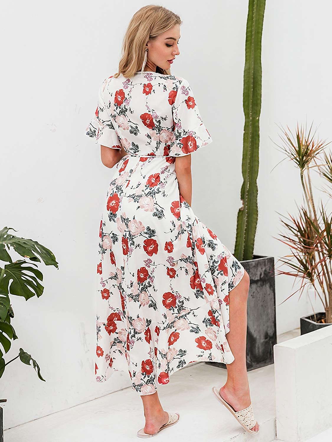 Miessial Women's Summer Chiffon V Neck Ruffle Maxi Dress Polka Dot Long Beach Wrap Dress