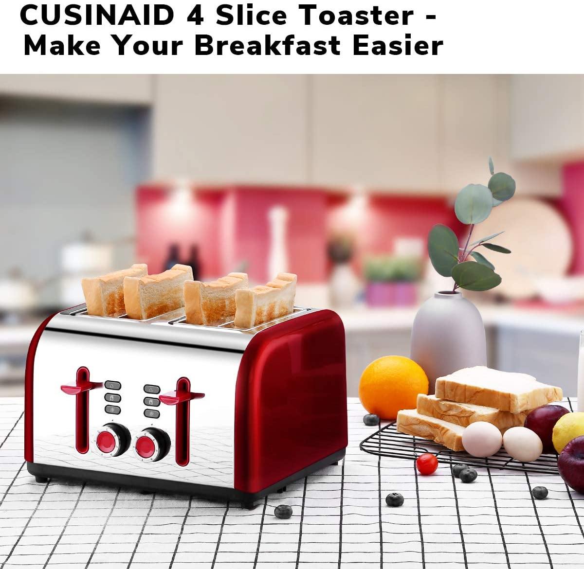 Toaster 4 Slice, CUSINAID 4 Wide Slots Stainless Steel Toasters with Reheat Defrost Cancel Function, 7-Shade Setting, Blue - JOY2ESpree