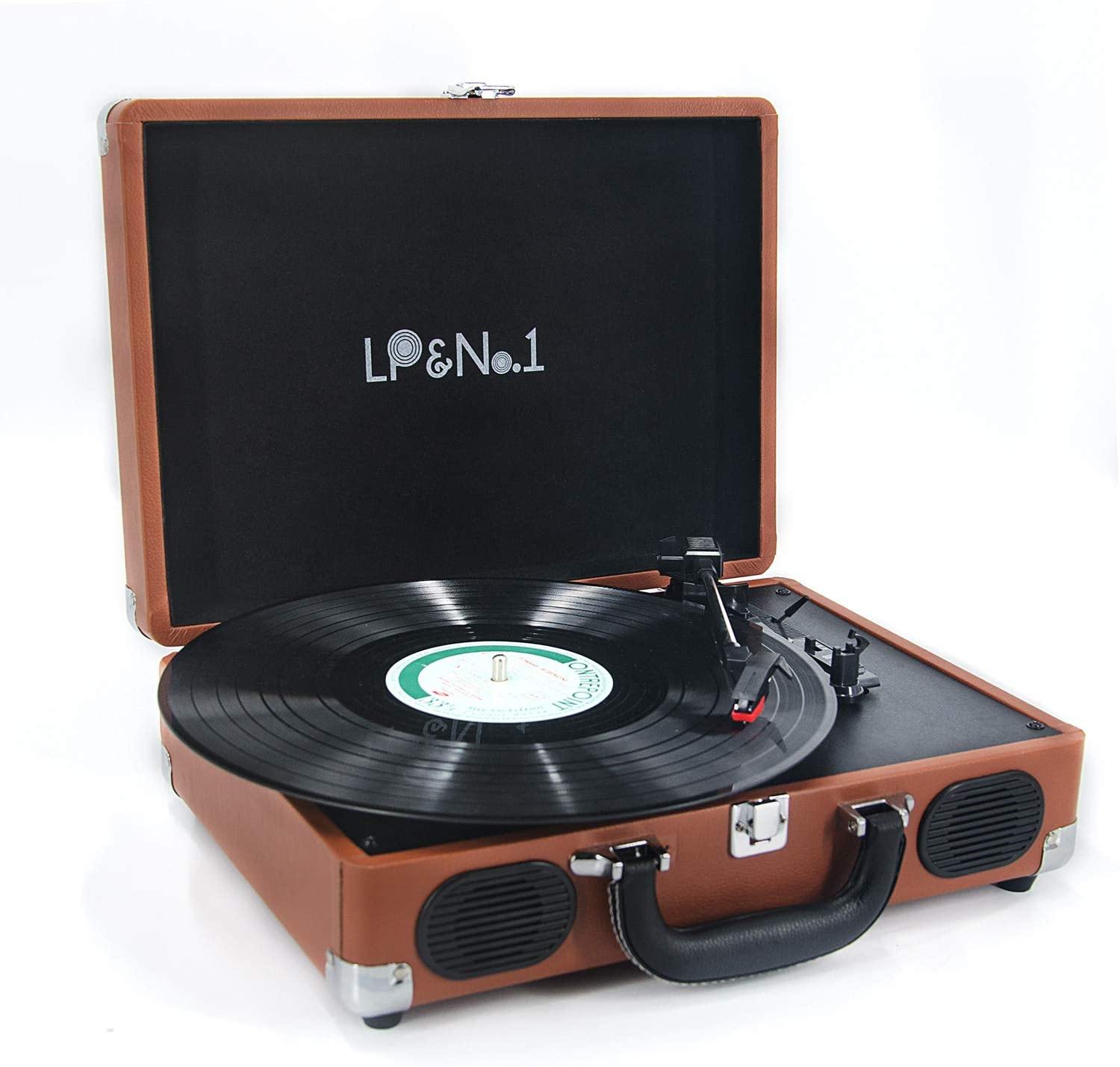 LP&No.1 Portable Suitcase Turntable with Stereo Speaker,3 Speeds Belt-Drive Vinyl Record Player Black - JOY2ESpree
